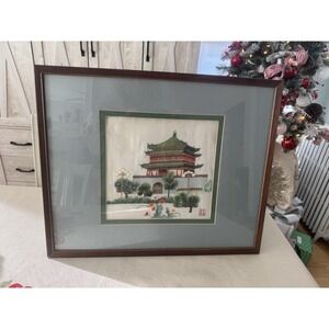 Vintage Chinese Silk Embroidery Framed Pagoda Temple Art Wall Hanging 21x17"